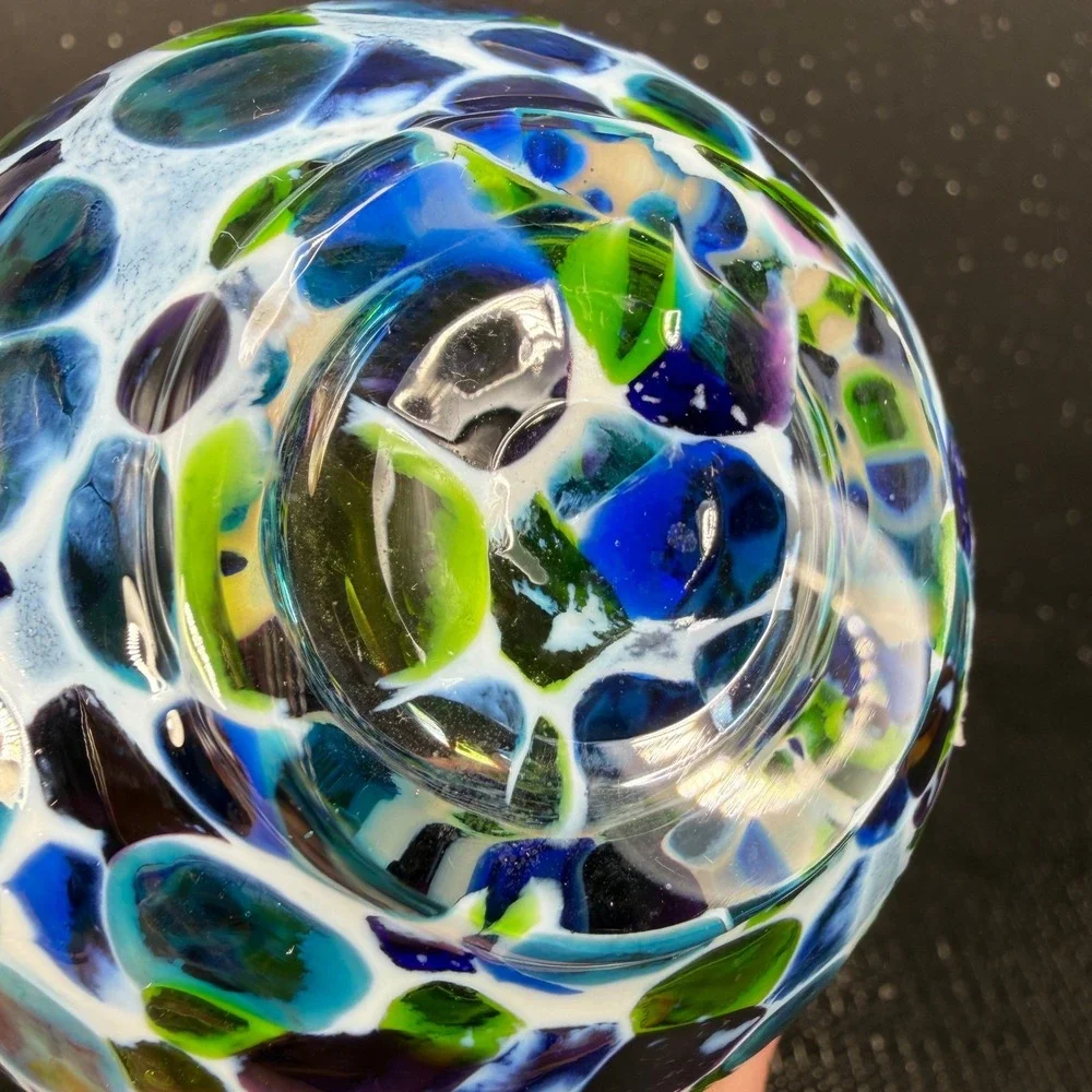 Hand Blown USA Glass Votive Holder Blue Green Purple Confetti Mosaic Cup Glass